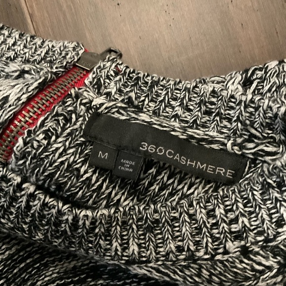 360 Cashmere Black White Cable Knit Crew Neck Sweater Exposed Back Zip Size M - Picture 7 of 8